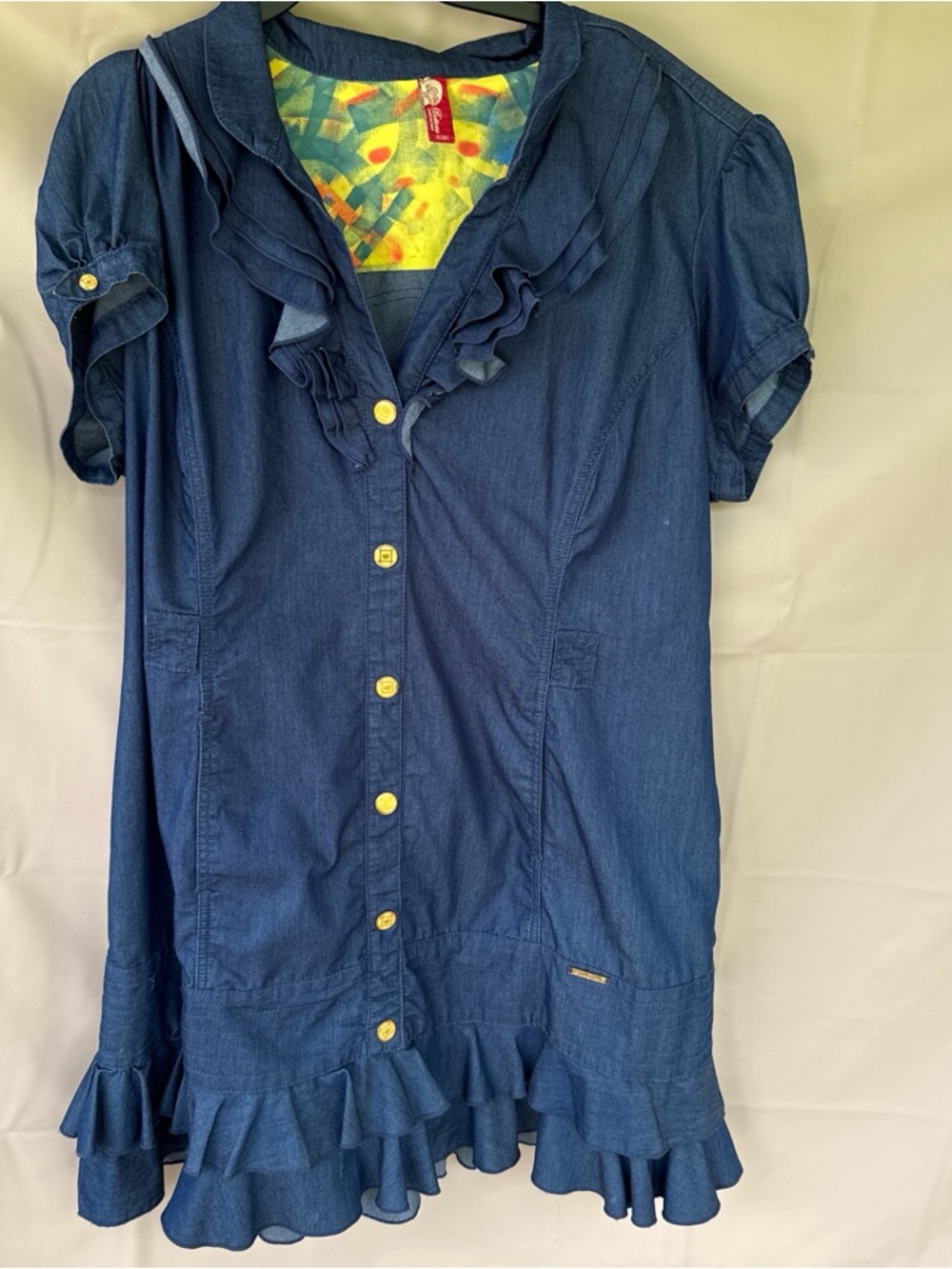 Apple Bottoms Navy Ruffle Button-Front Mini Dress with Yellow Buttons